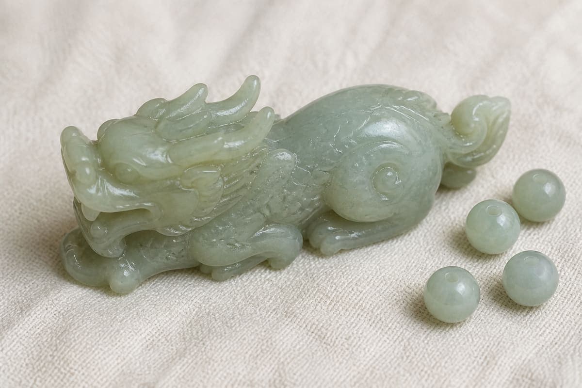 布面上的玉雕龙和玉珠